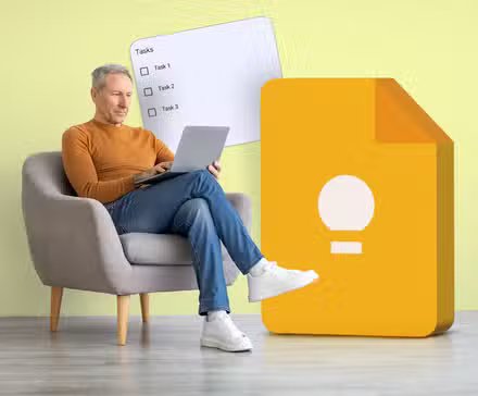 1768572089 195 man working on a laptop next to a large 3d google keep logo and a floating checklist