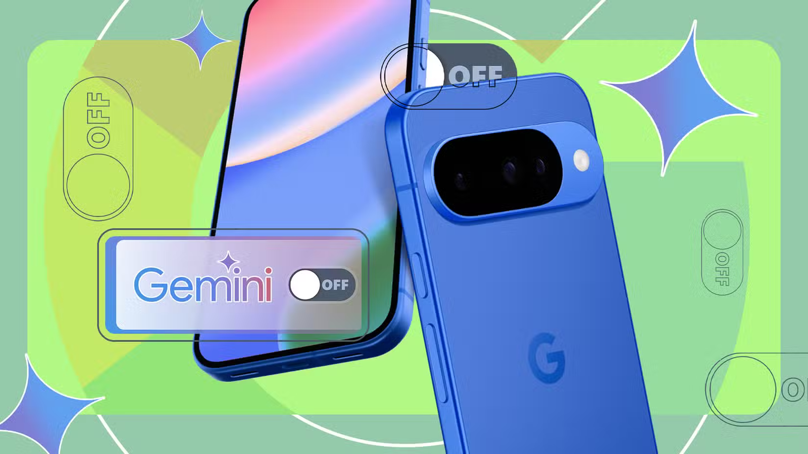 لقد استبدلت صفحتي الصباحية بـ Gemini، وقد فاجأتني النتائج 8 a blue google pixel phone with the gemini ai logo and multiple off toggle icons around it
