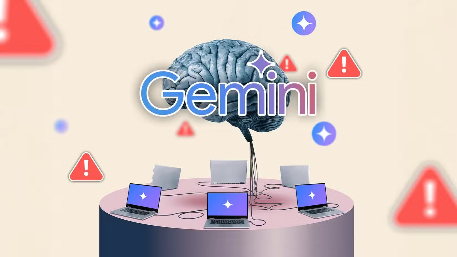 حاولت أن أسمح لـ Gemini بكتابة رسائل البريد الإلكتروني الخاصة بي لمدة أسبوع، ولهذا السبب اضطررت للتدخل 2 a brain connected to some laptops the gemini logo in the center and some warning signs around