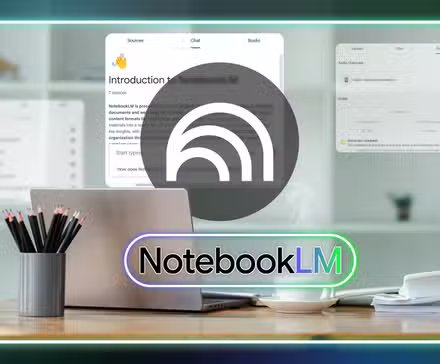 a desk with a laptop and other office items with the notebooklm logo in the center