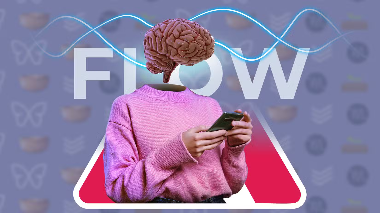 a person using their phone with a brain instead of a head and flow written in the background