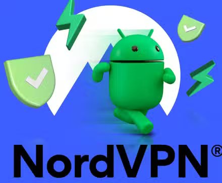 android mascot running in front of the nordvpn logo surrounded by shield and lightning icons