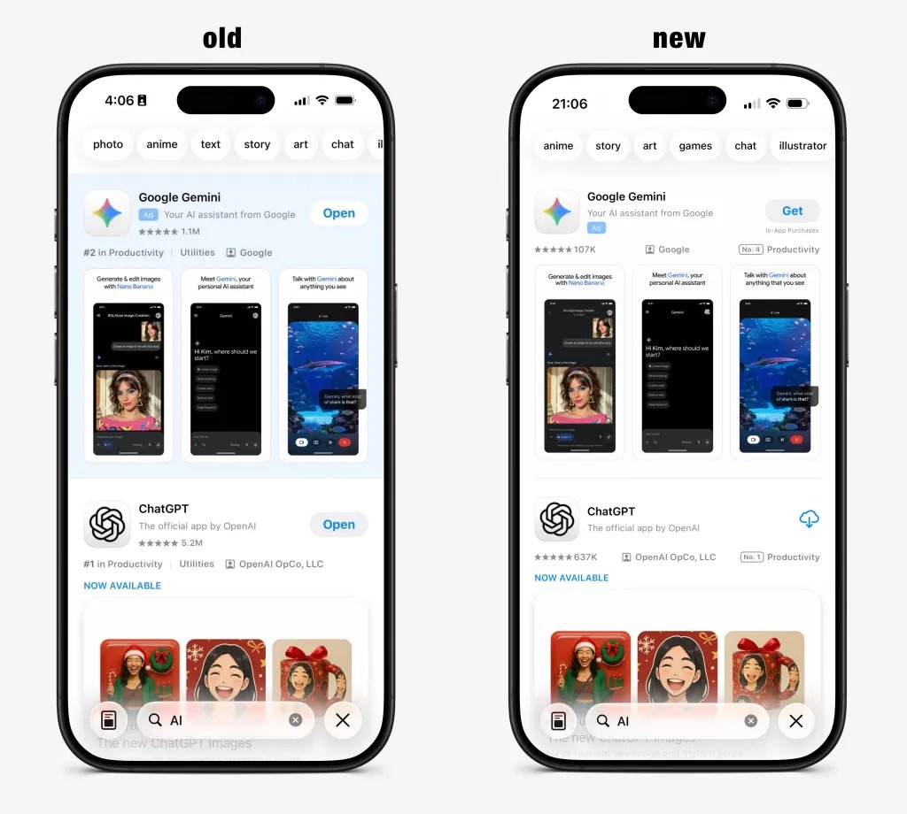 app store search ads side by side