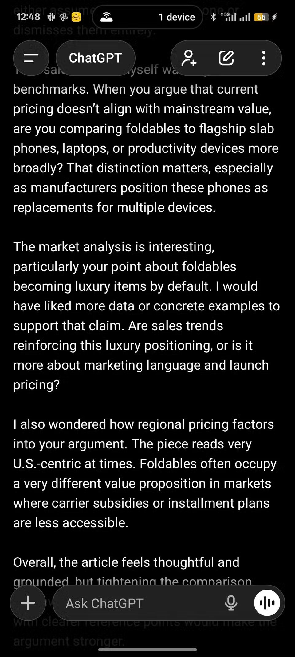 chatgpt response on the app