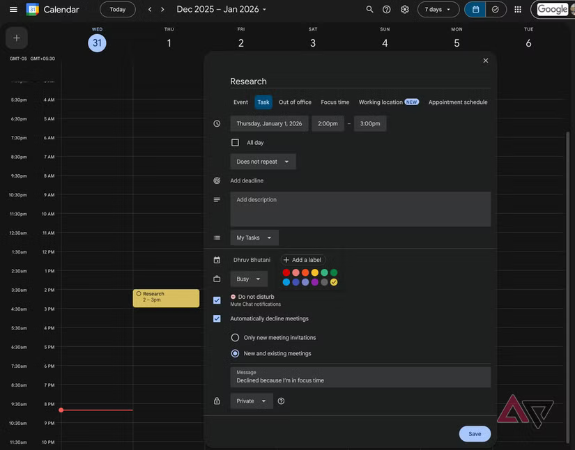 google calendar time block