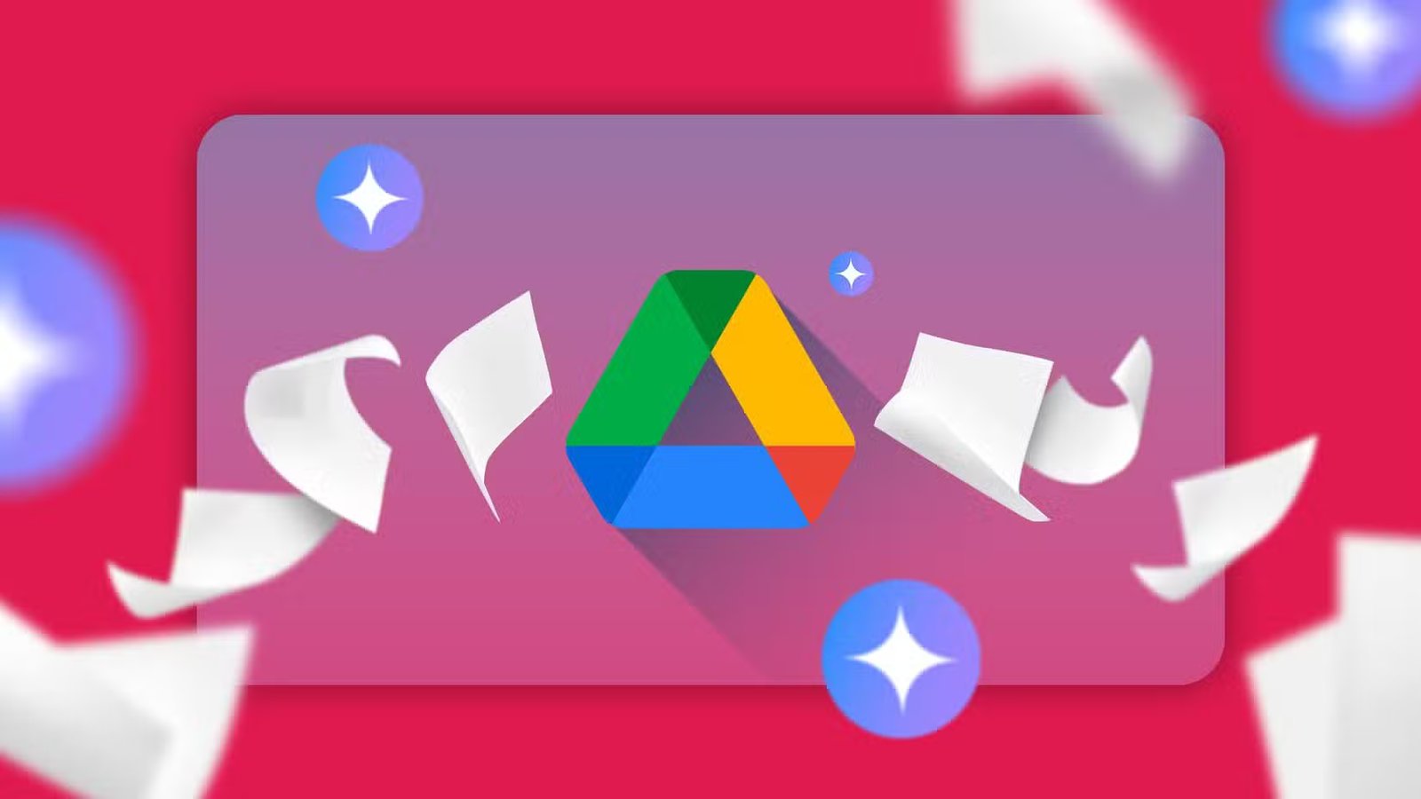 google drive logo surrounded by floating sheets of paper and gemini icons