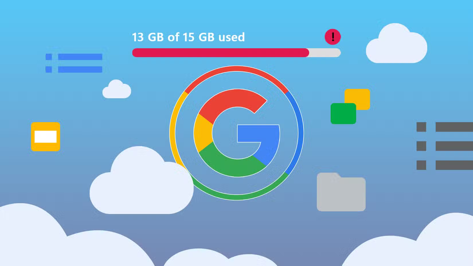 google g logo surrounded by a storage bar showing 13 gb of 15 gb used and some clouds around it